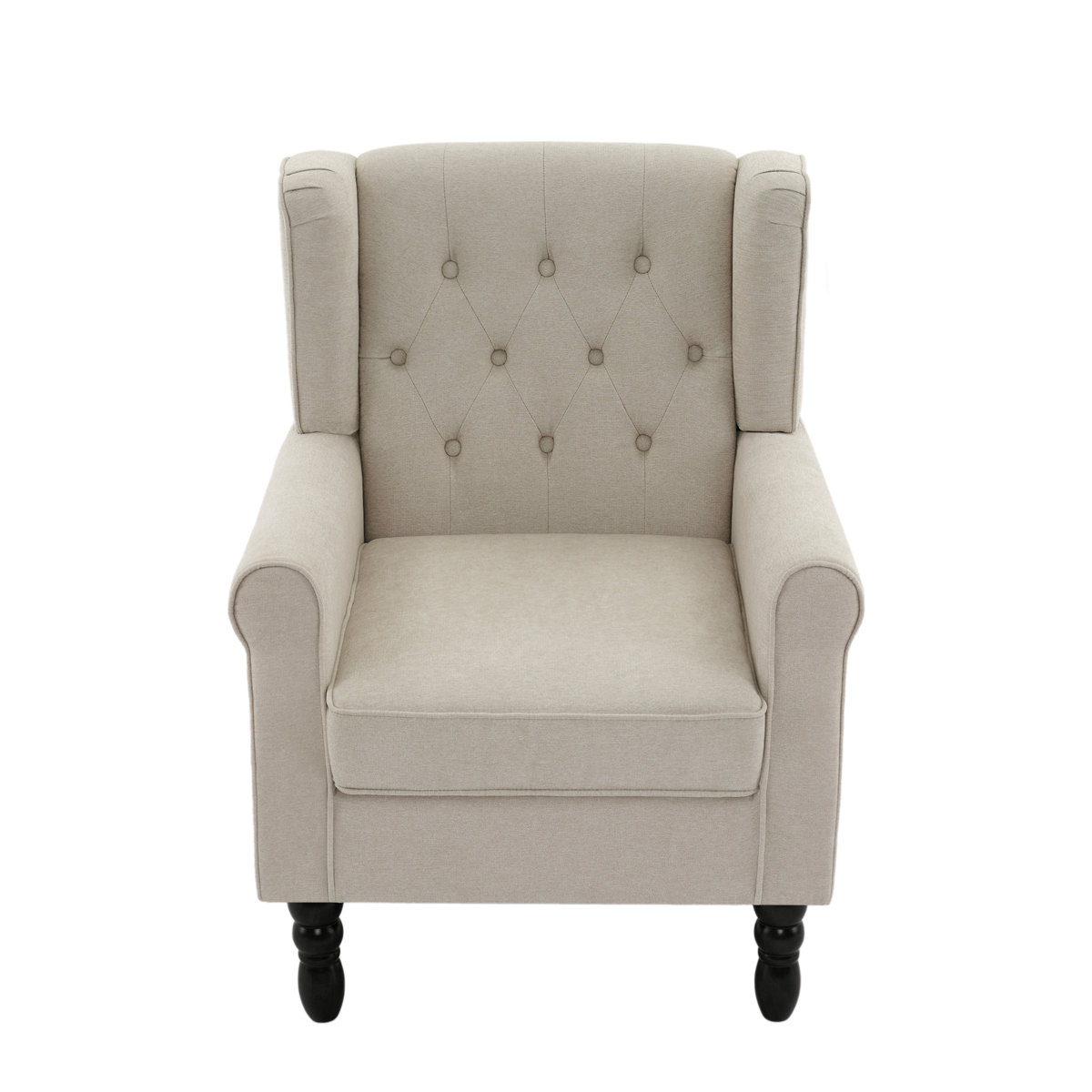 Duward Upholstered Beige Button Tufted Wingback Accent Chair with Rolled Arm and Thick Padded Cushion